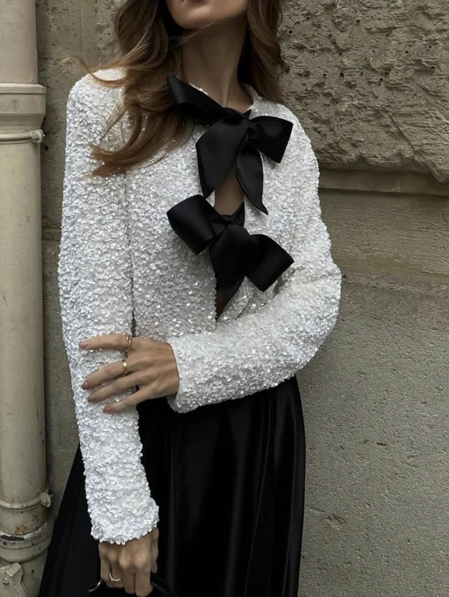 Women's Short Sequin Blazer with Ribbon | Perfect for Casual Days