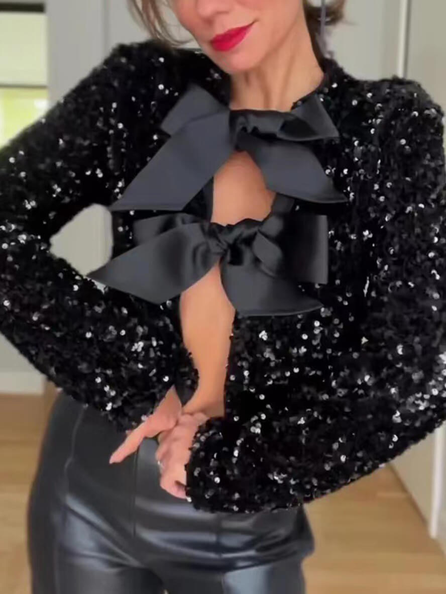 Women's Short Sequin Blazer with Ribbon | Perfect for Casual Days