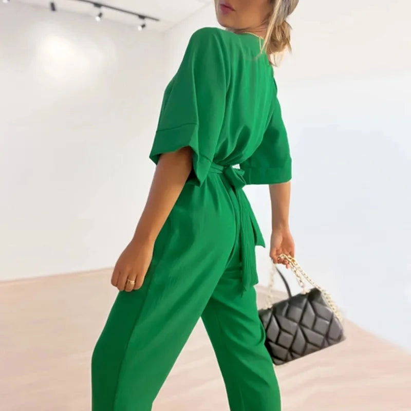 Women's Elegant Minimalist Jumpsuit with Waist-Defining Belt
