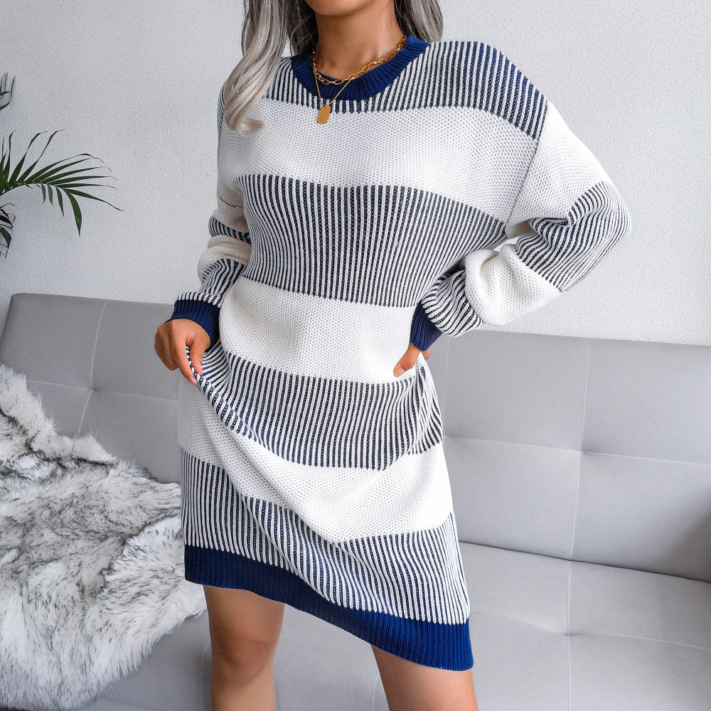 Women's Casual Oversized Knitted Striped Sweater Dress | Ideal for Autumn/Winter