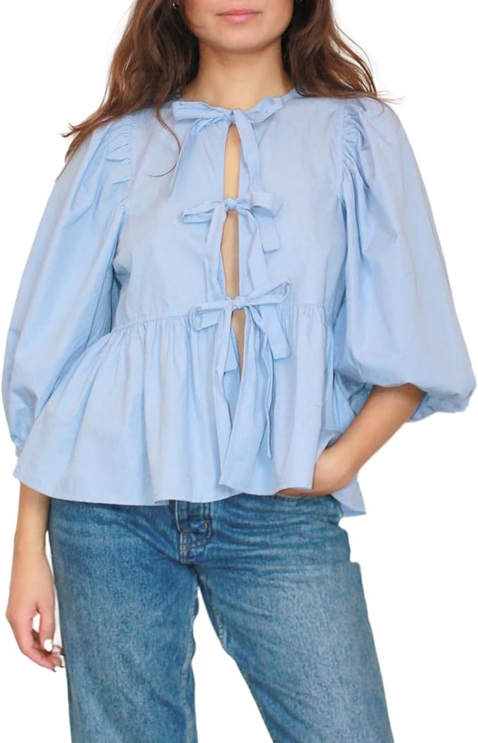 Women's Playful Stretchy Blouse with Puff Sleeves and Back Cut-Out Design