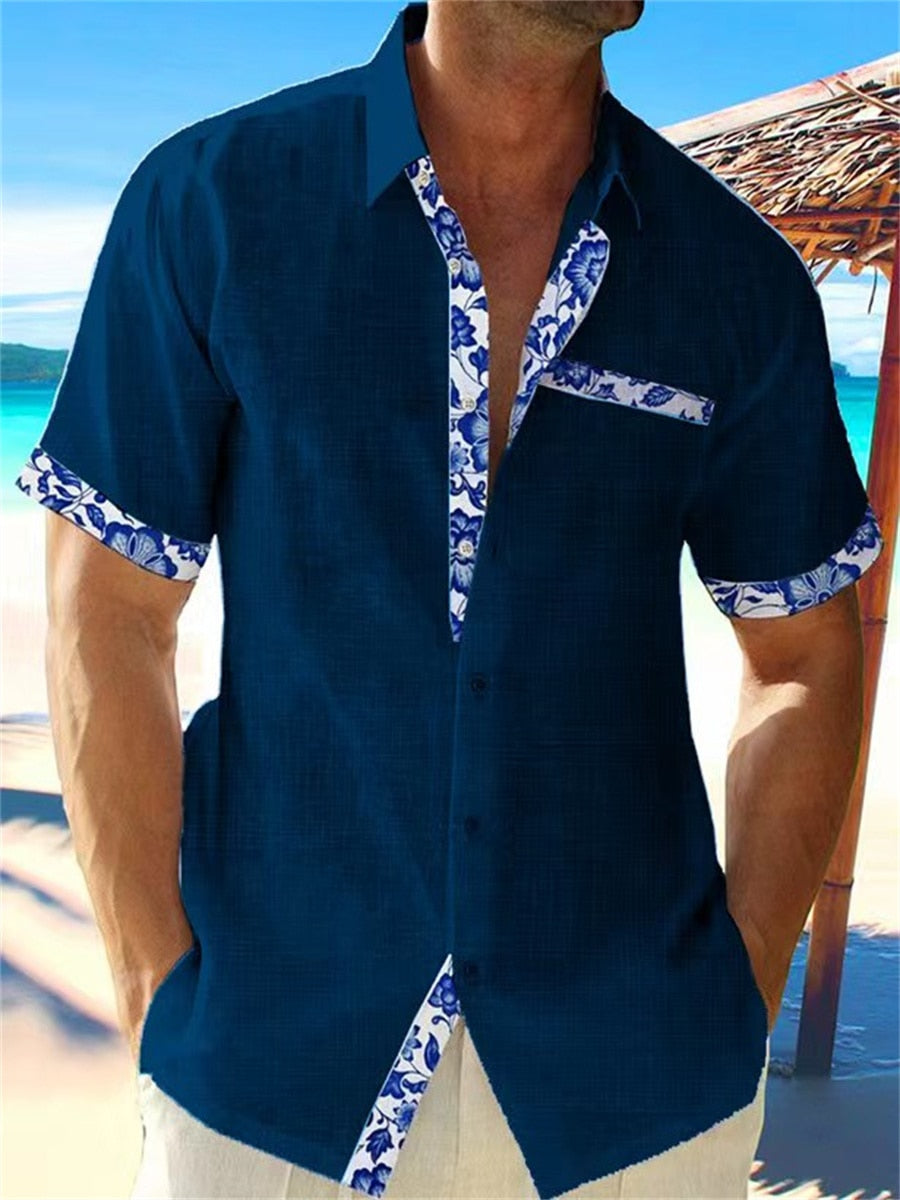 Men's Casual Button-Up Shirt with Floral Trim