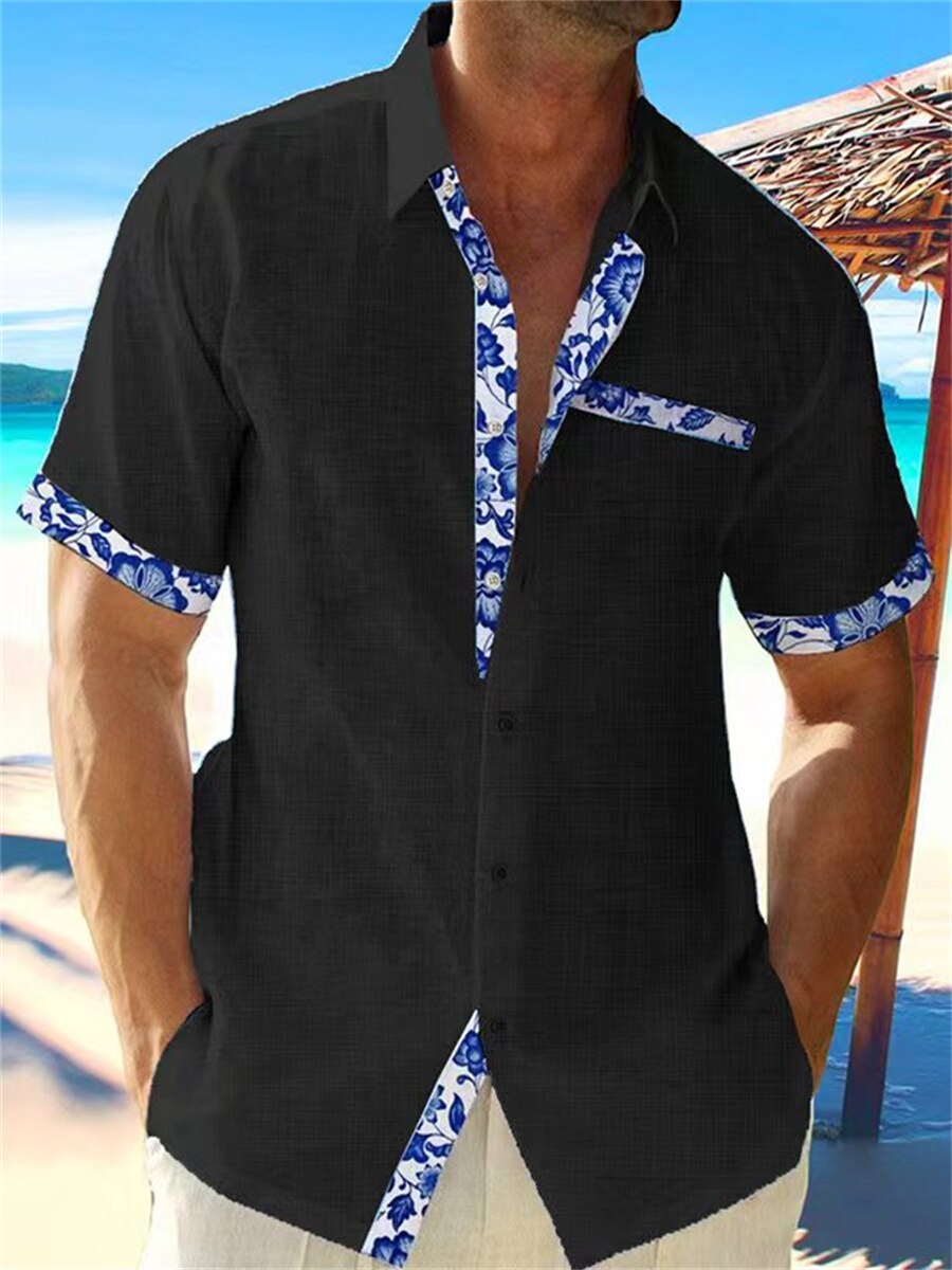 Men's Casual Button-Up Shirt with Floral Trim