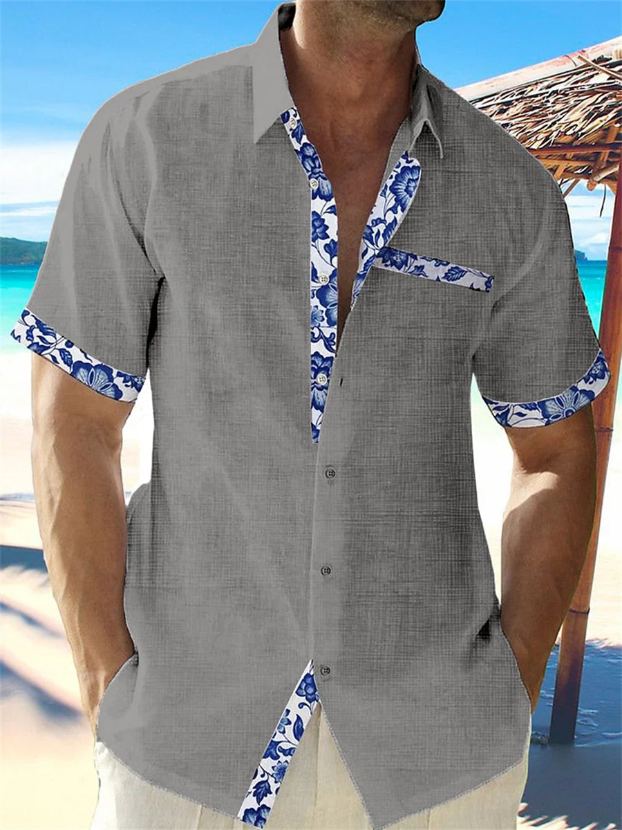 Men's Casual Button-Up Shirt with Floral Trim