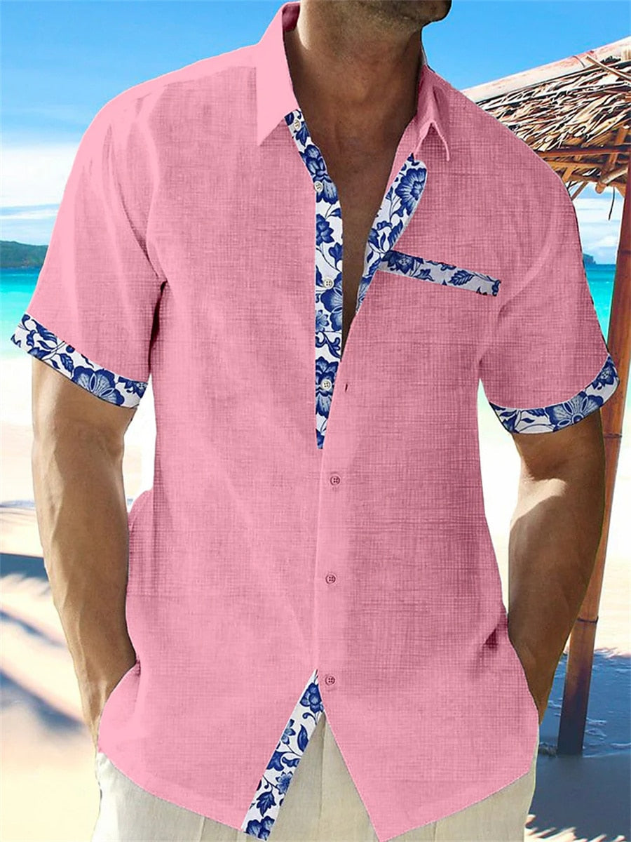 Men's Casual Button-Up Shirt with Floral Trim