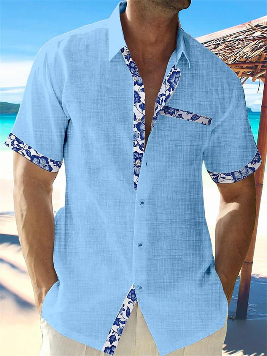 Men's Casual Button-Up Shirt with Floral Trim