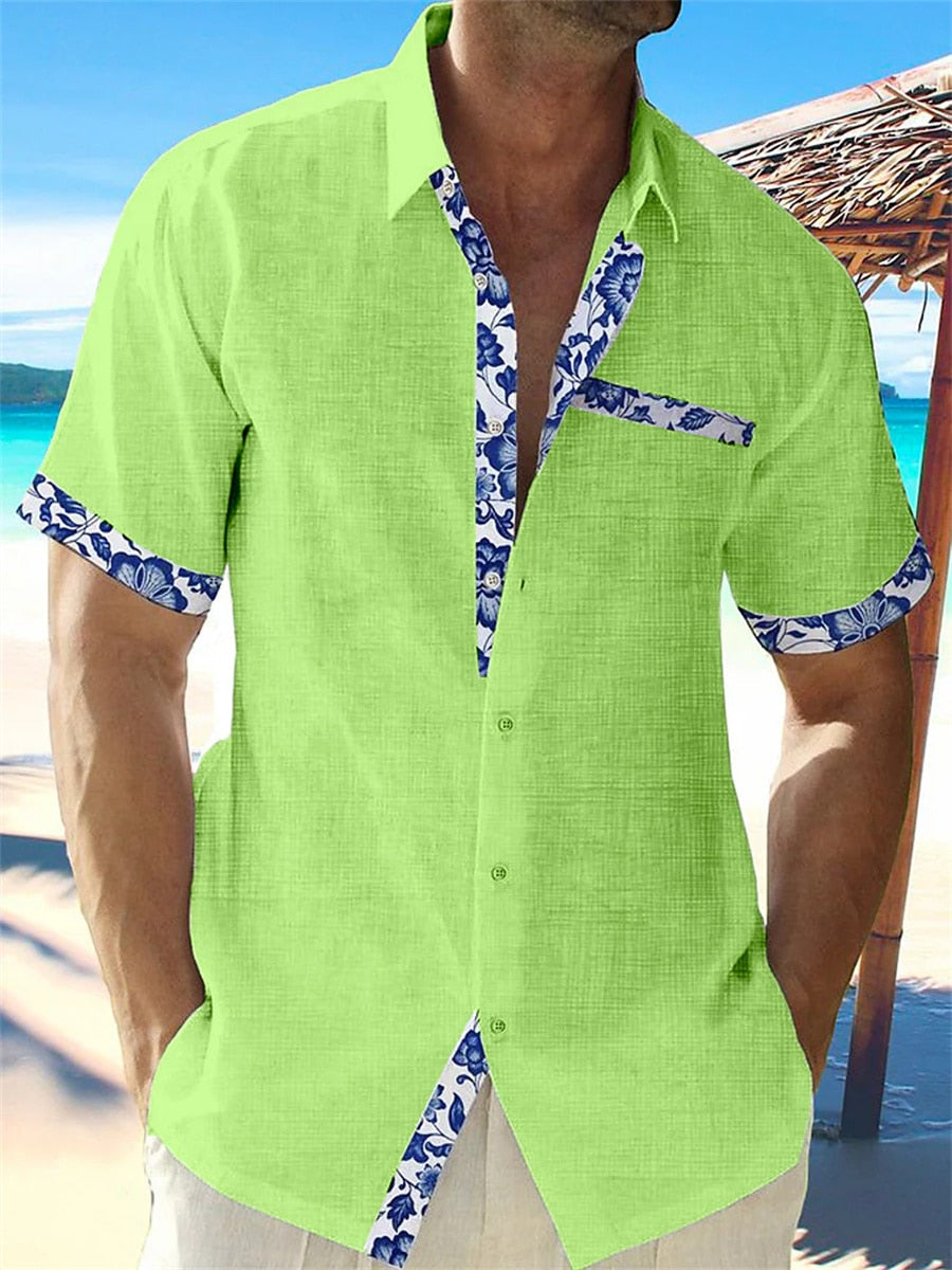 Men's Casual Button-Up Shirt with Floral Trim