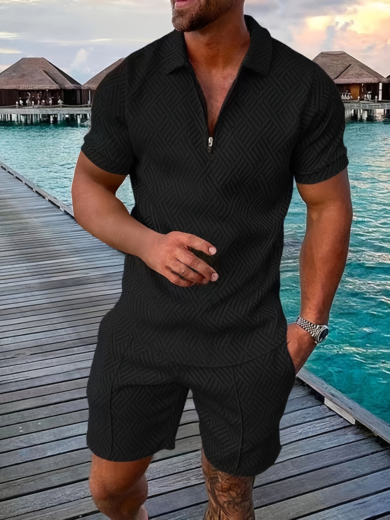 Men's Geometric Zip-Up Short Set