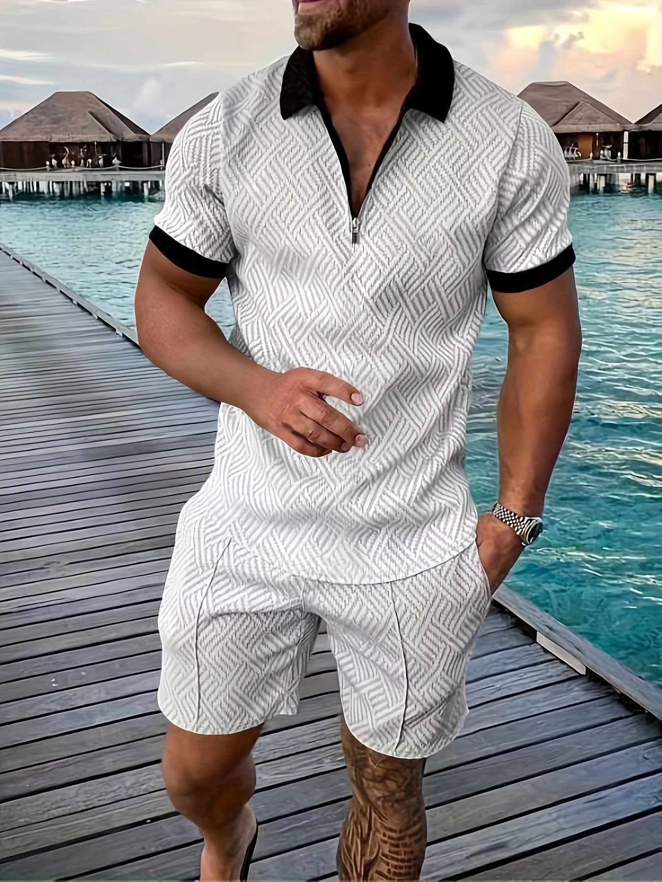 Men's Geometric Zip-Up Short Set