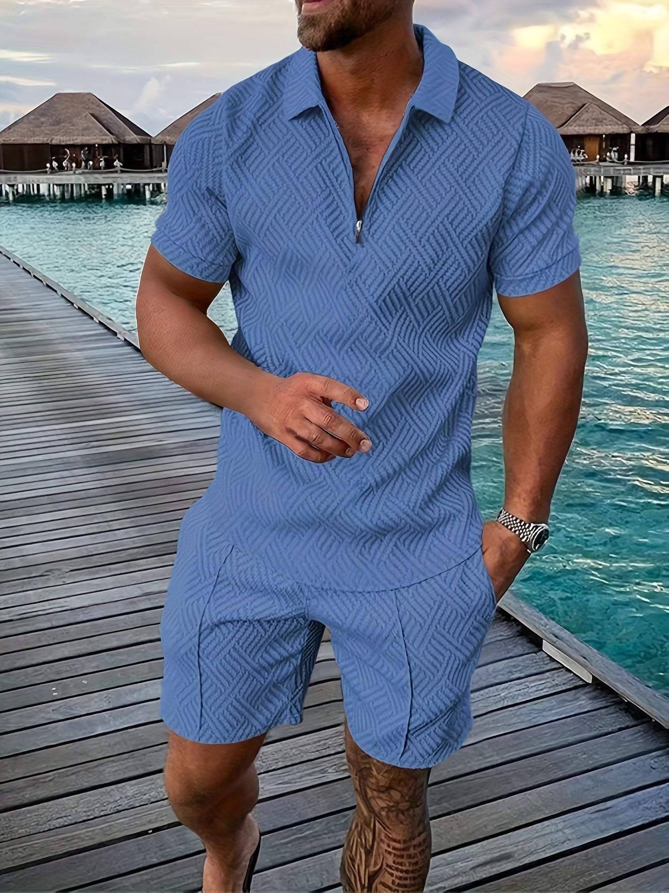 Men's Geometric Zip-Up Short Set