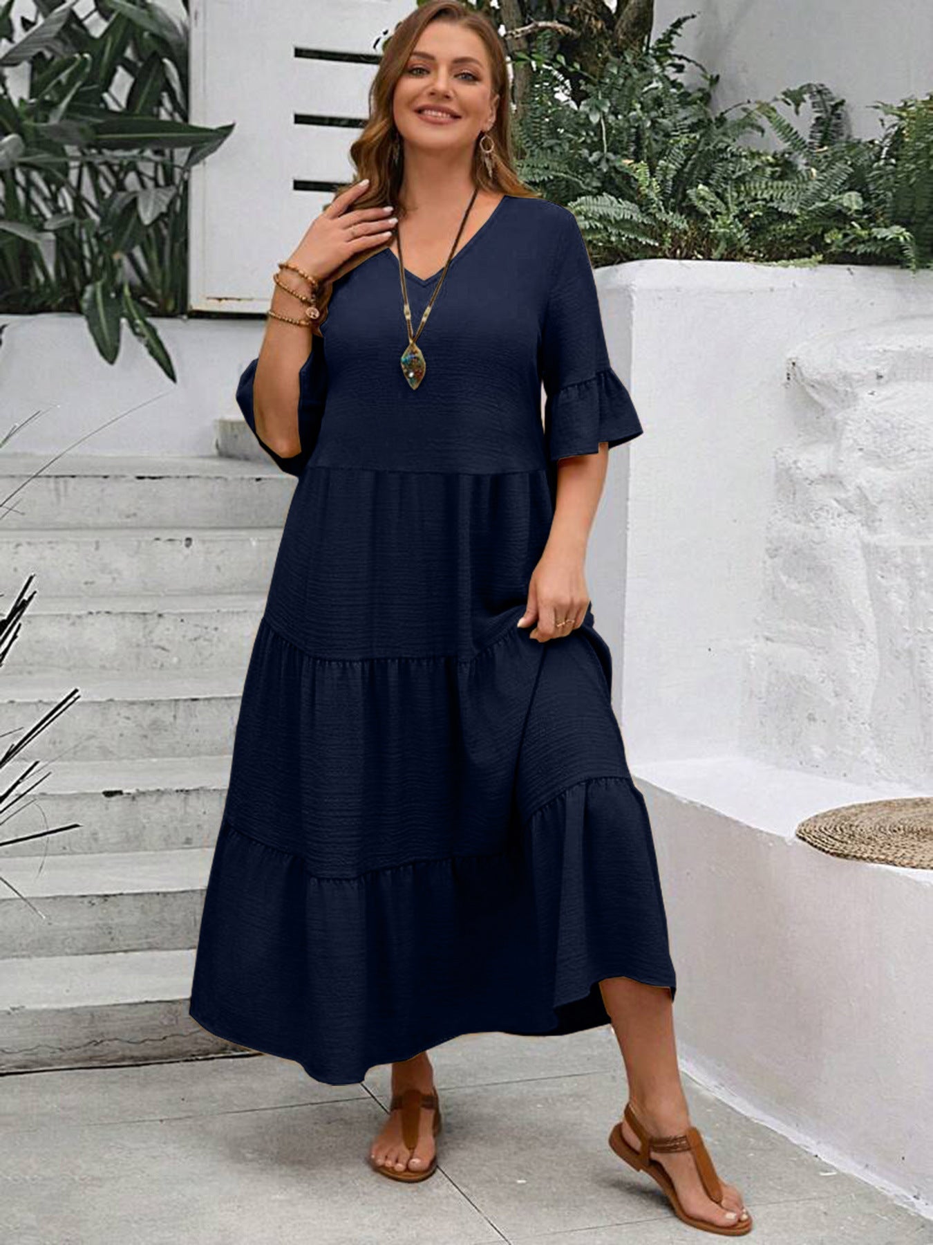 Women's Elegant Plus Size Dress with Flattering V-Neckline