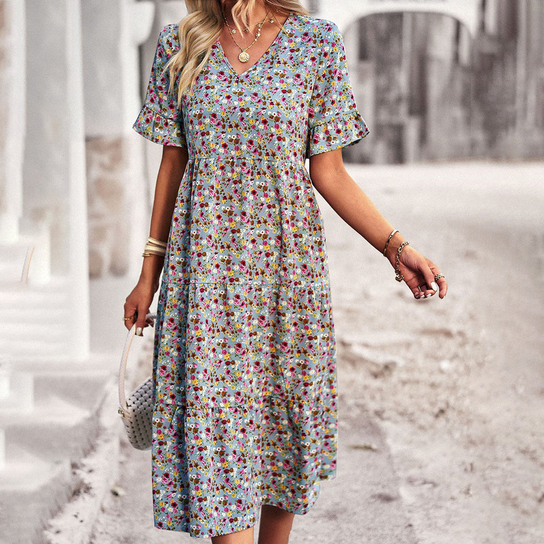 Women's Bohemian Lightweight Midi Dress with Flutter Sleeves and Floral Design