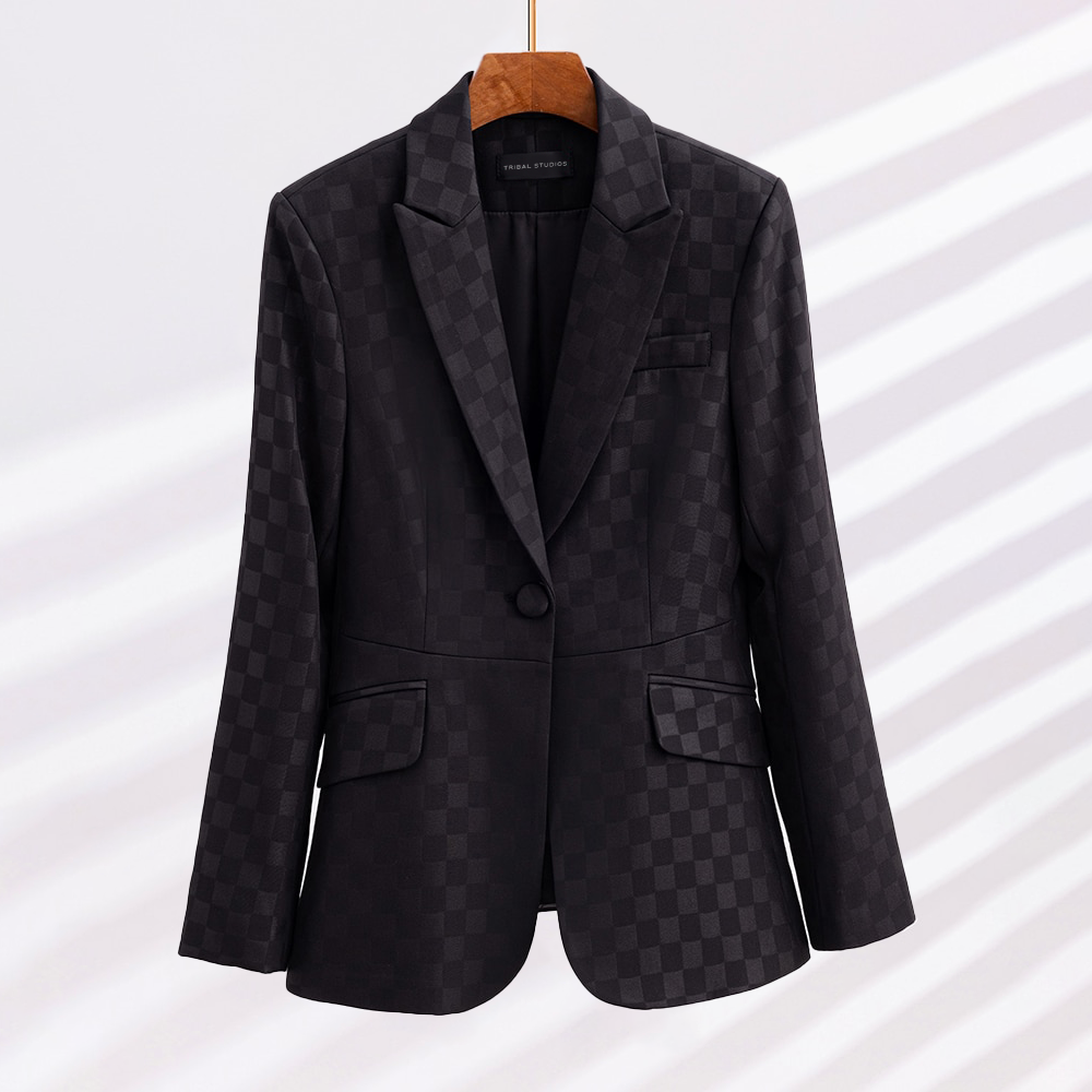 Women's Elegant solid-color checked blazer with button | Perfect for Casual Days