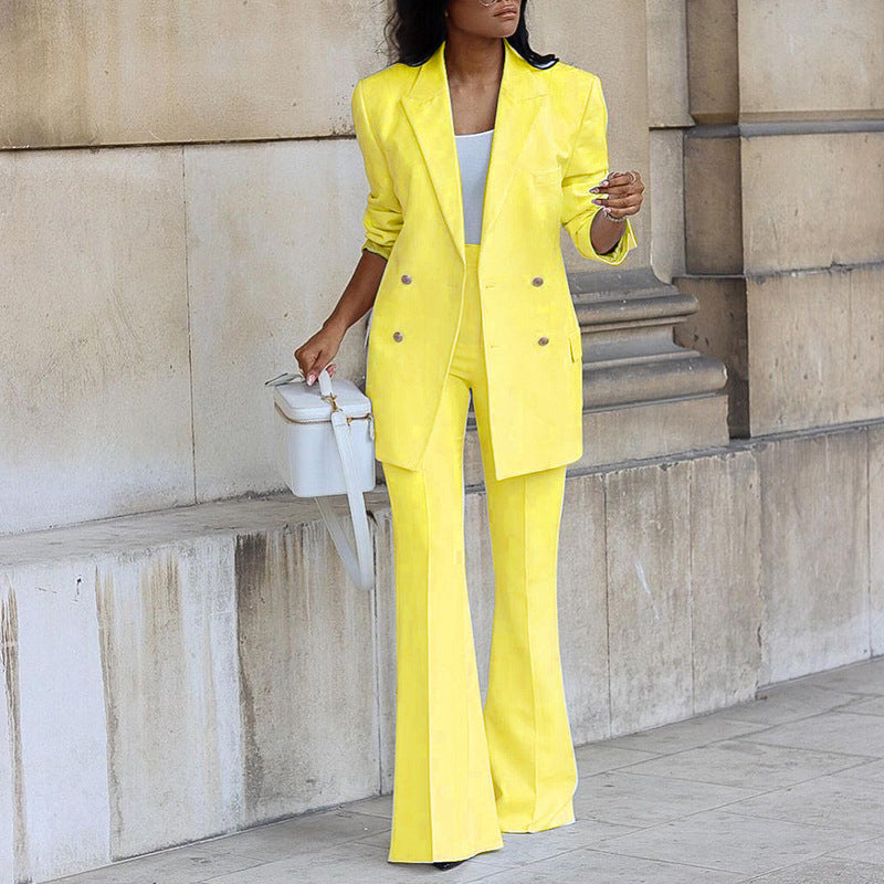 Women's Buttoned Blazer with Flared Trouser Two-piece Set