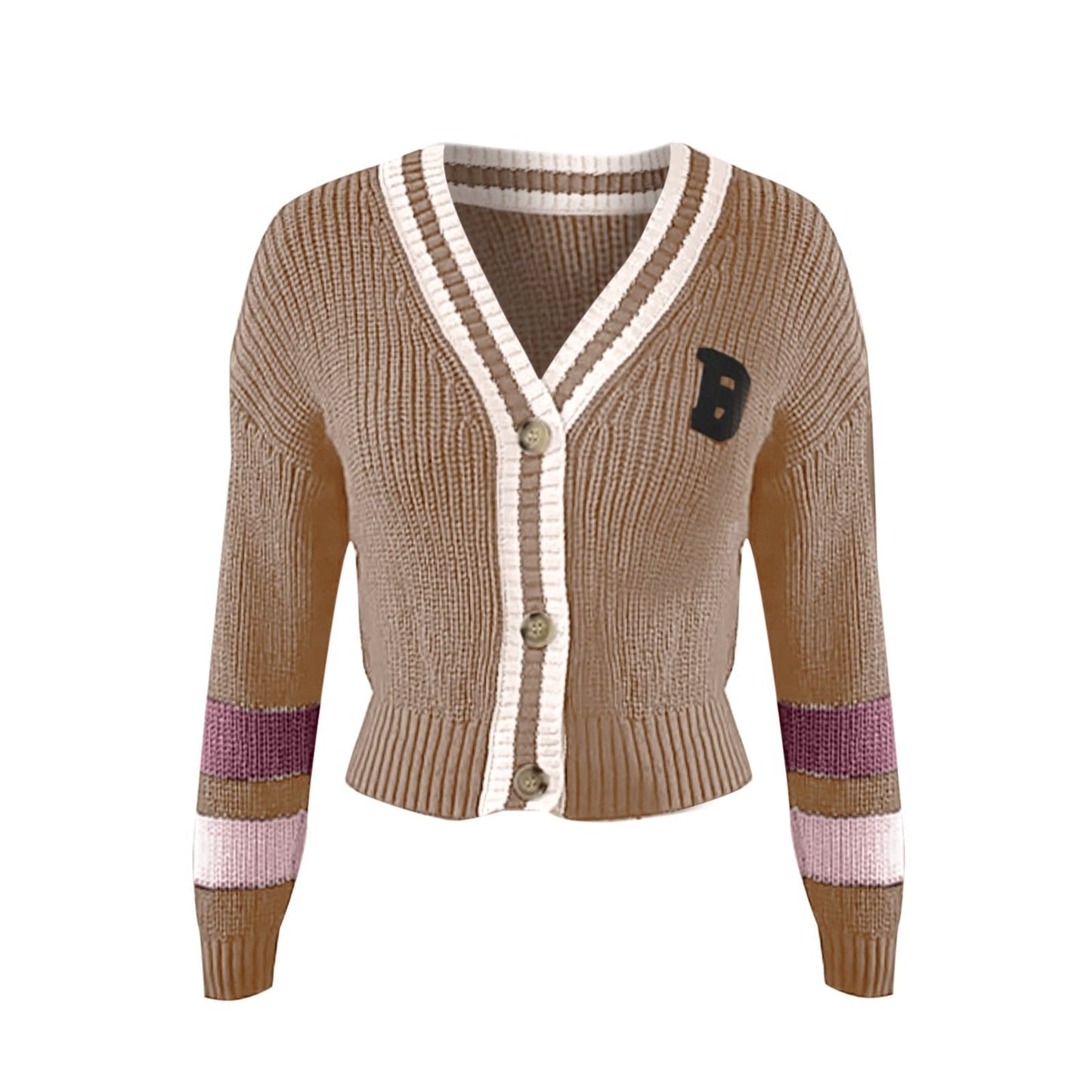 Women's Cozy V-neck Knitted Cardigan with Striped Design and B Print | Ideal for Winter