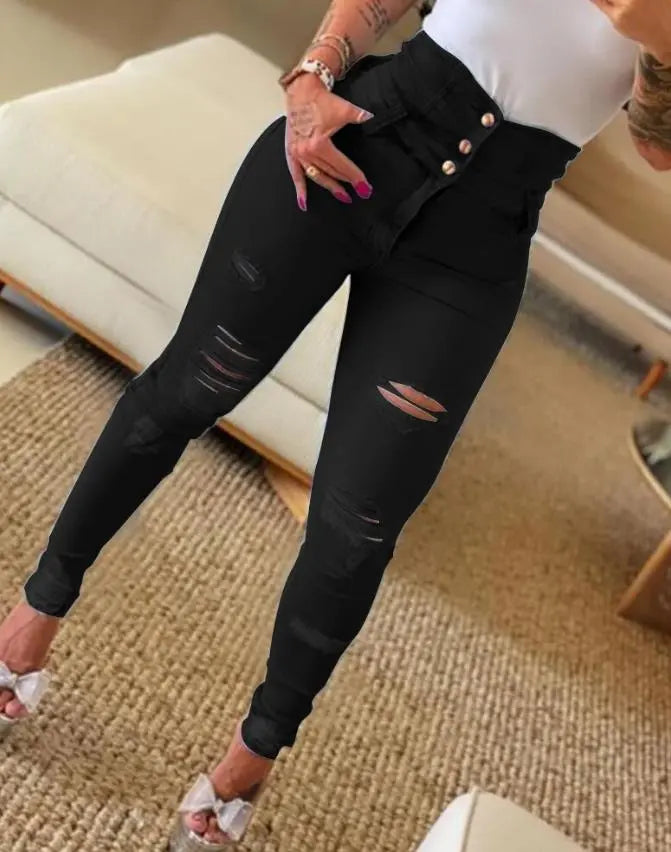 Women's Skinny High-Waist Ripped Jeans with Buttons | Perfect for Casual Days