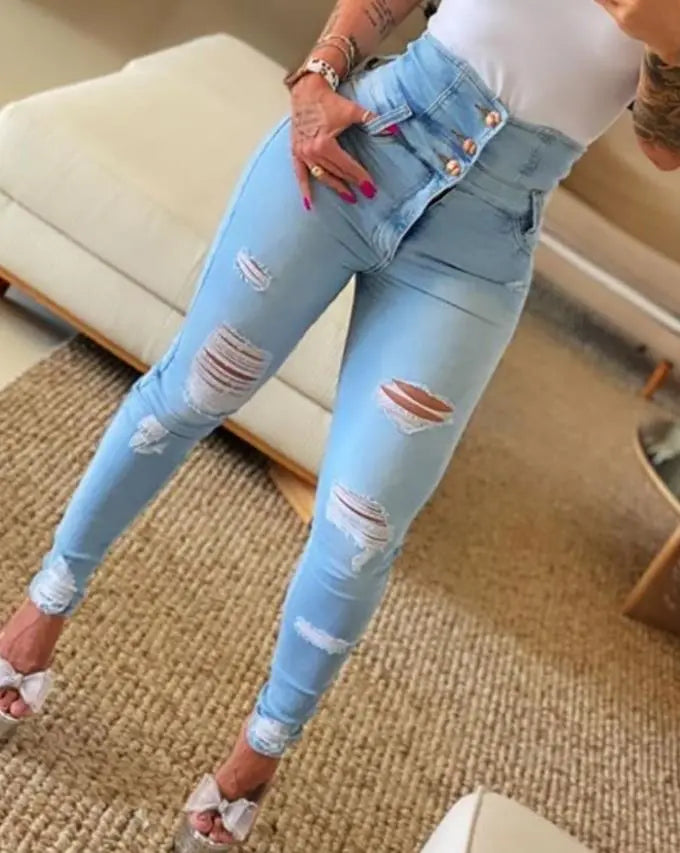 Women's Skinny High-Waist Ripped Jeans with Buttons | Perfect for Casual Days