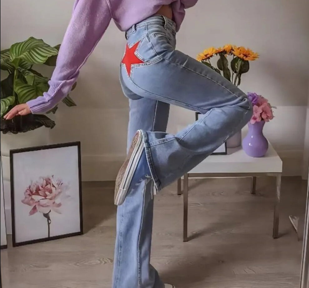 Women's Vintage Bold Red Star Flare Jeans | Perfect for Casual Days