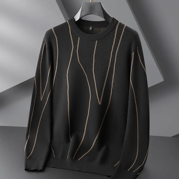 Men's Casual Black Round Neck Cashmere Jumper with Unique Design | Ideal for Winter