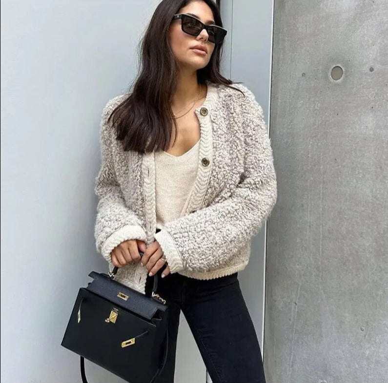 Women's Teddy Cashmere Knit Cardigan with Buttons in Solid Colour | Ideal for Winter
