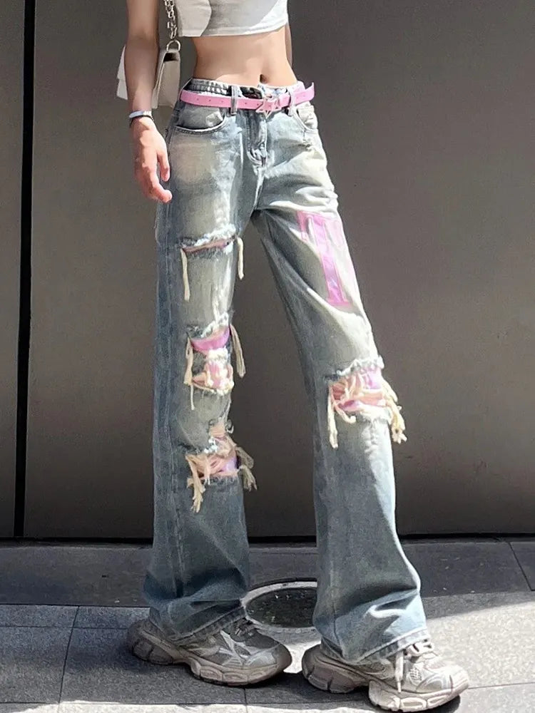 Women's Retro Wide-Leg Blue Ripped Jeans | Perfect for Casual Days