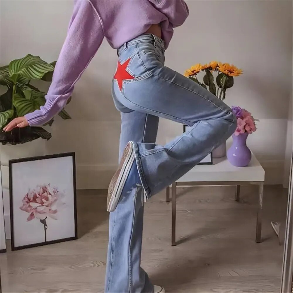 Women's Vintage Bold Red Star Flare Jeans | Perfect for Casual Days