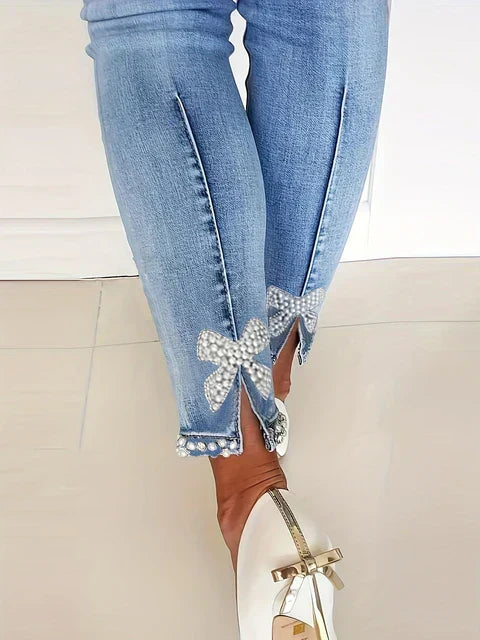 Women's Casual Beaded Slit Pearl Ribbon Skinny Jeans | Perfect for Casual Days