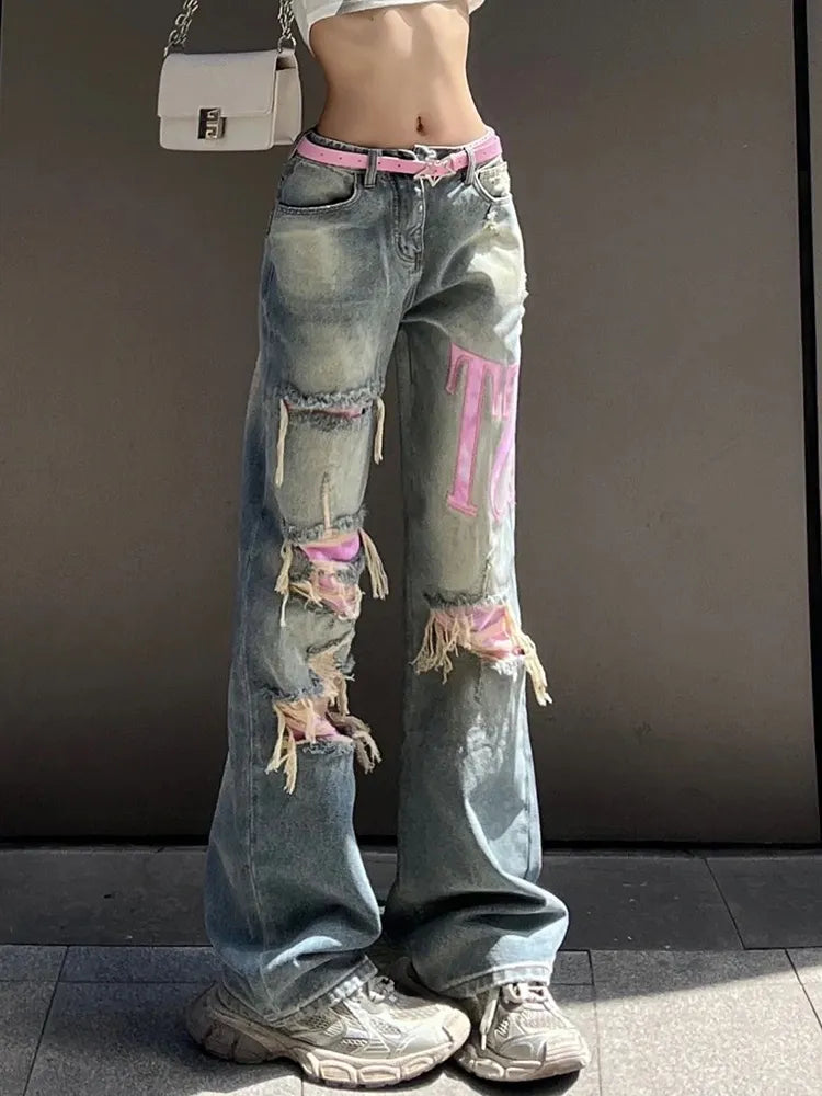 Women's Retro Wide-Leg Blue Ripped Jeans | Perfect for Casual Days