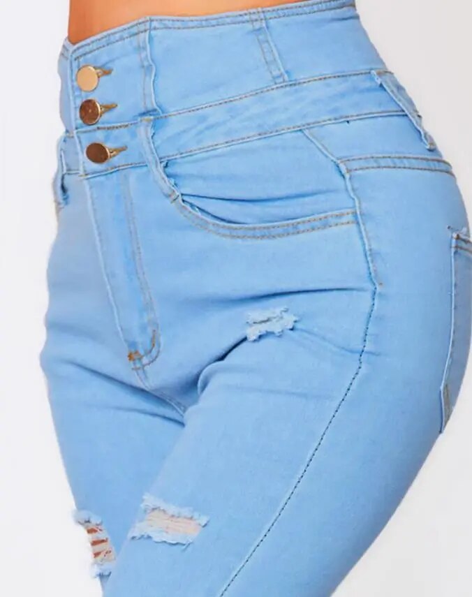 Women's Skinny High-Waist Ripped Jeans with Buttons | Perfect for Casual Days