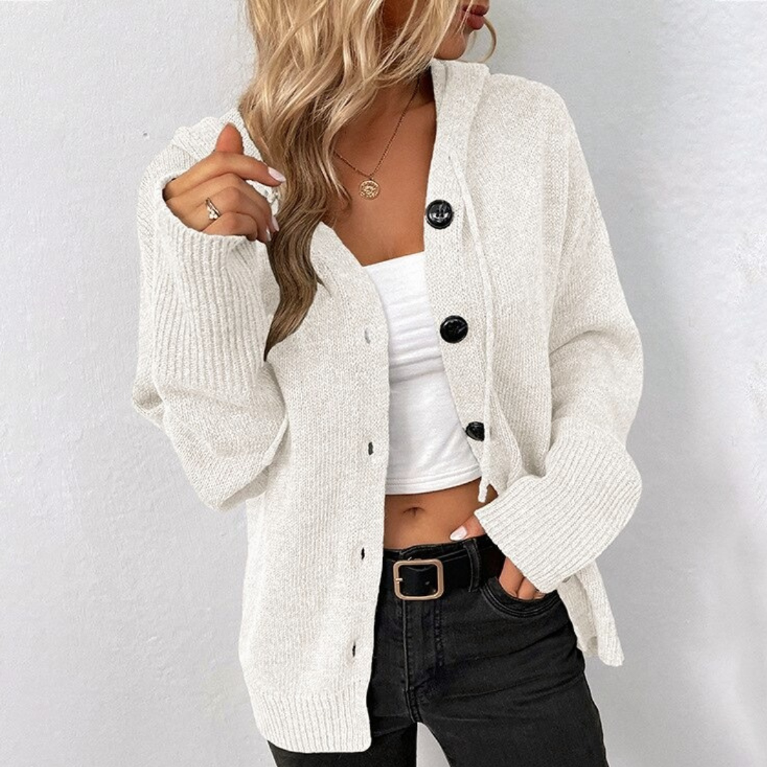 Women's Elegant Long Sleeve Hooded Cashmere Cardigan with Buttons | Ideal for Winter