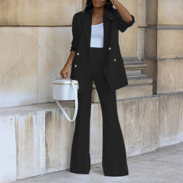 Women's Buttoned Blazer with Flared Trouser Two-piece Set