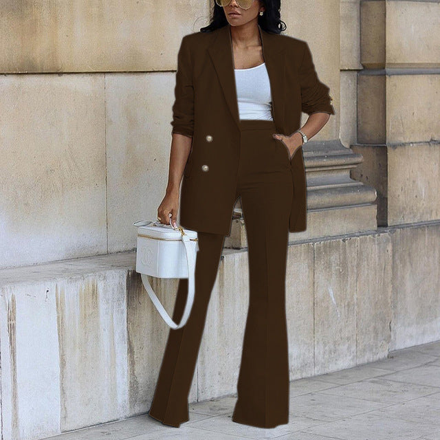 Women's Buttoned Blazer with Flared Trouser Two-piece Set