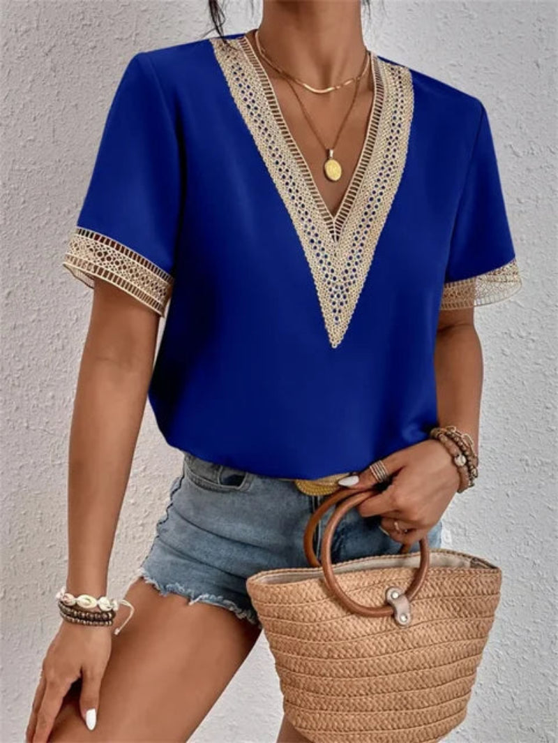 Women’s V-Neck Blouse with Lace Detailing
