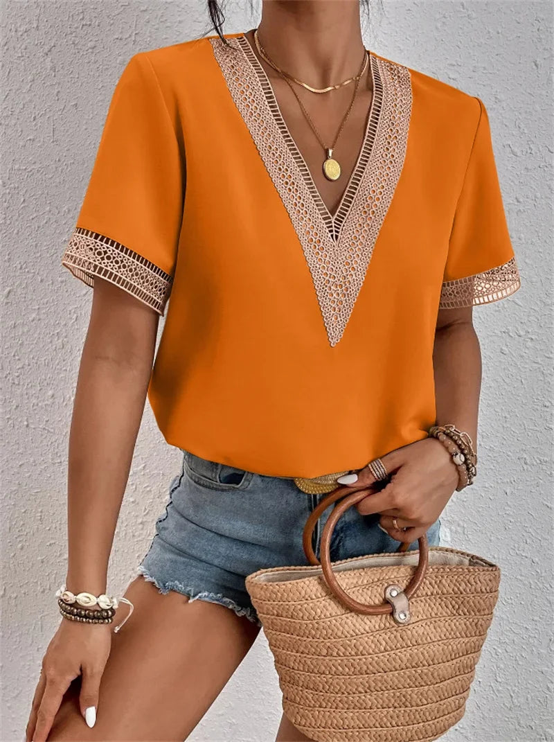 Women’s V-Neck Blouse with Lace Detailing