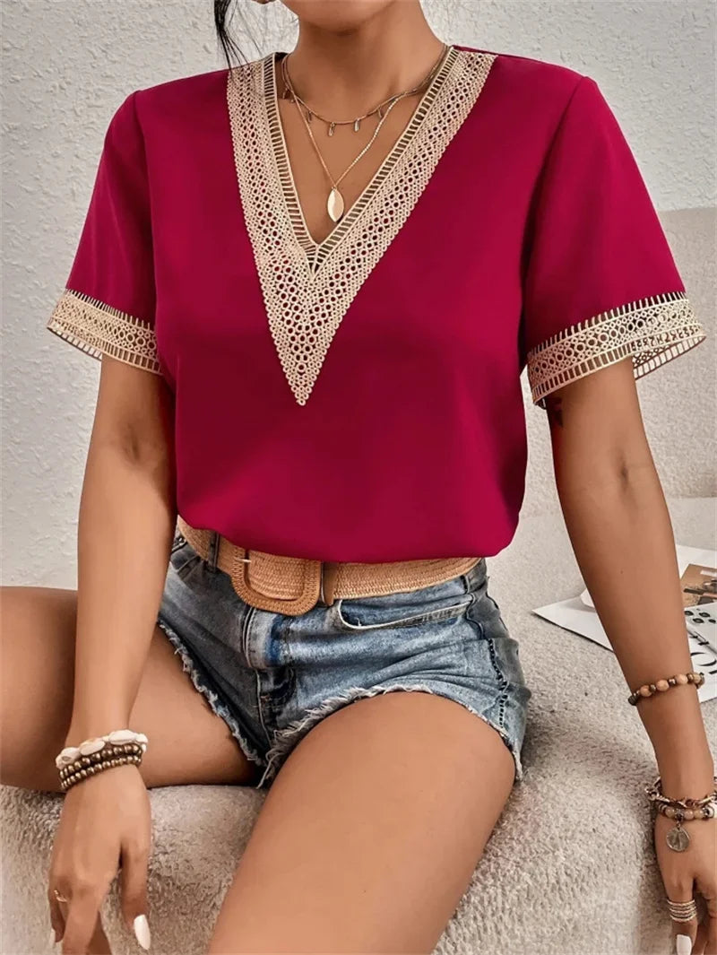 Women’s V-Neck Blouse with Lace Detailing