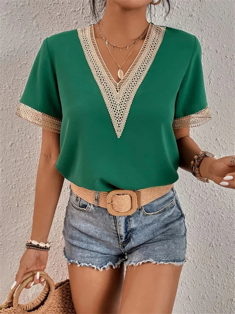 Women’s V-Neck Blouse with Lace Detailing