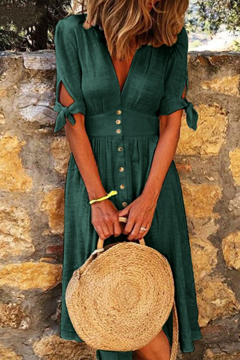 Women’s V-Neck Midi Dress with Tie Cuffs
