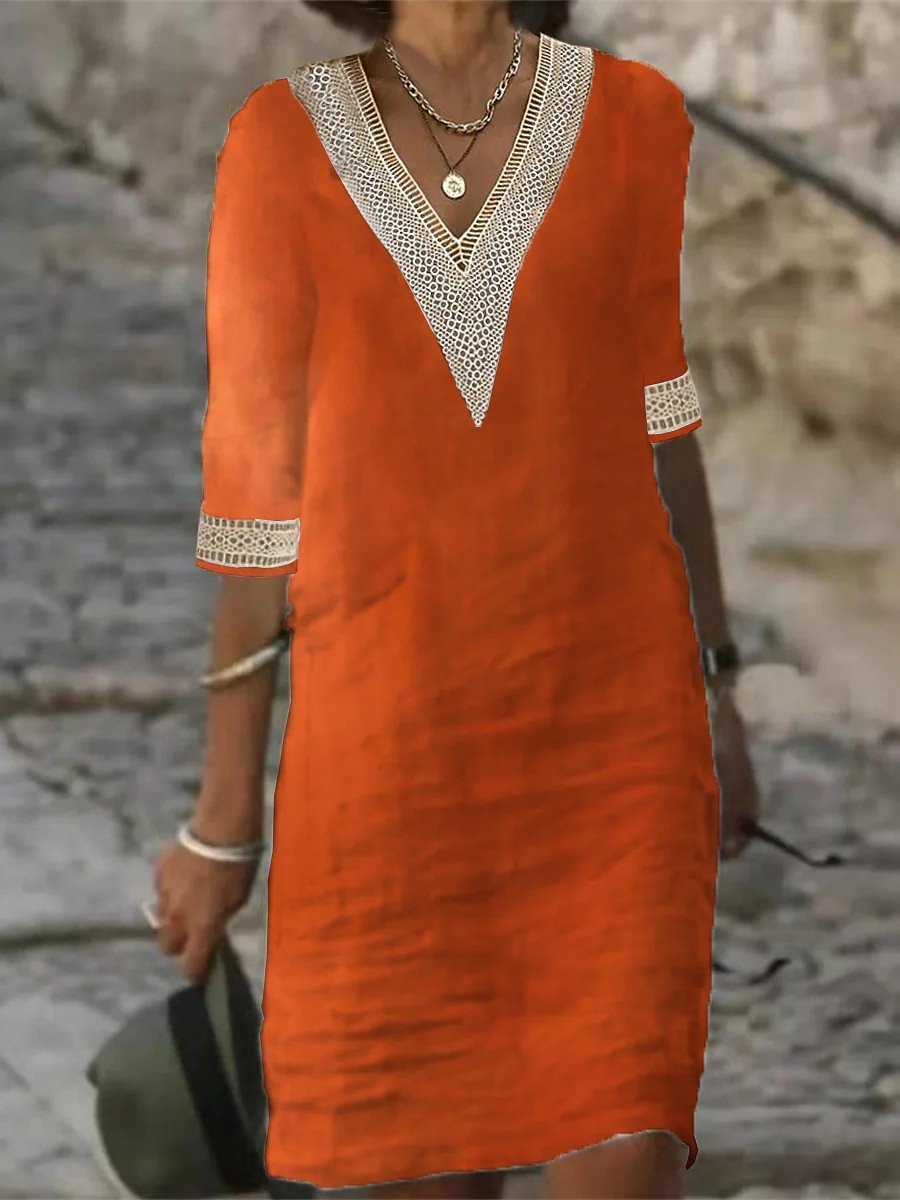 Women's V-Neck Dress with Three-Quarter Sleeves