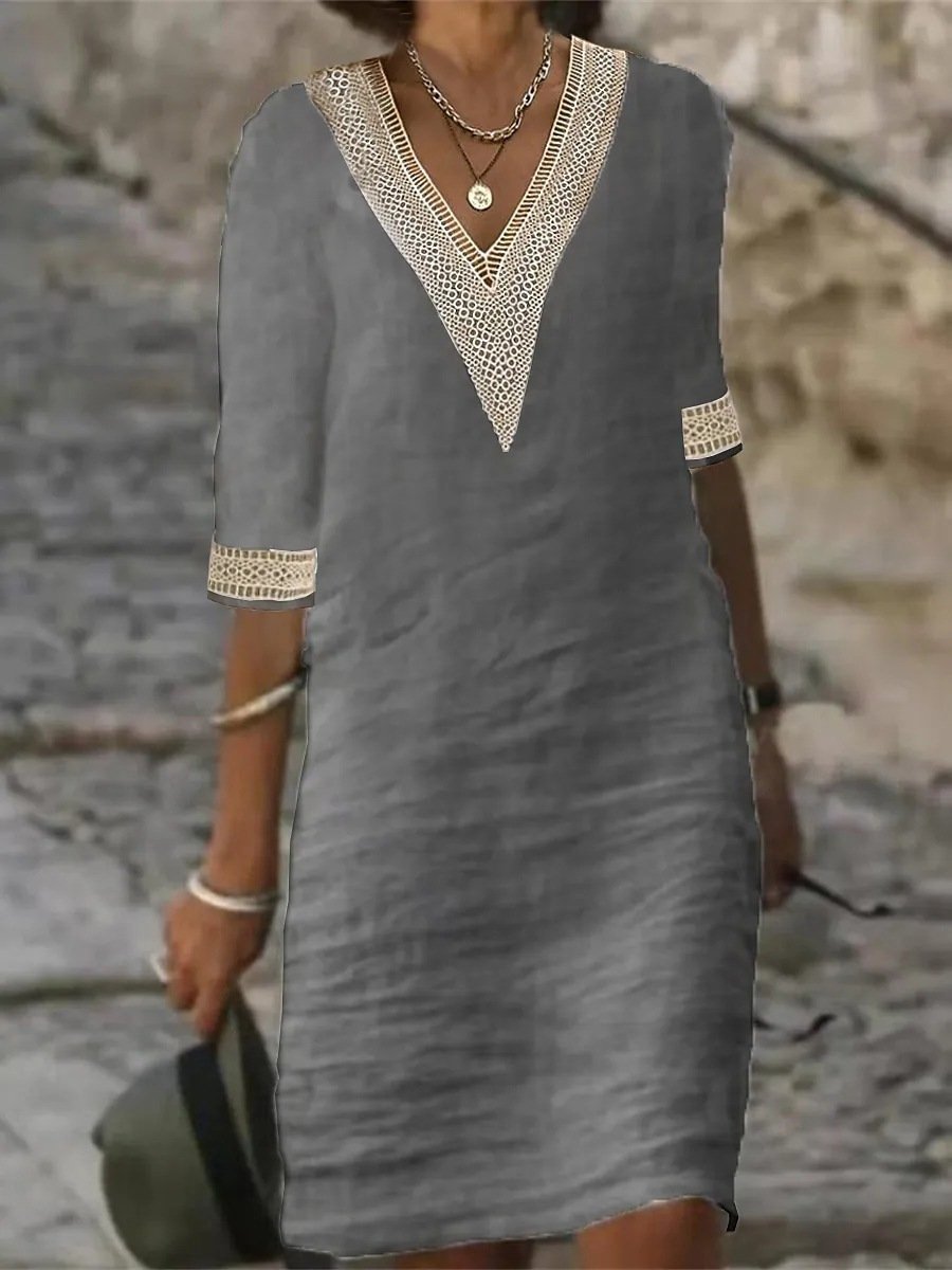 Women's V-Neck Dress with Three-Quarter Sleeves