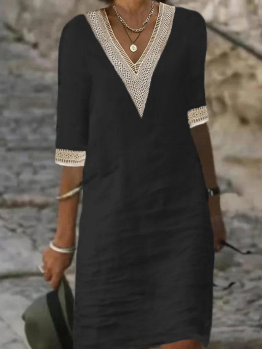 Women's V-Neck Dress with Three-Quarter Sleeves