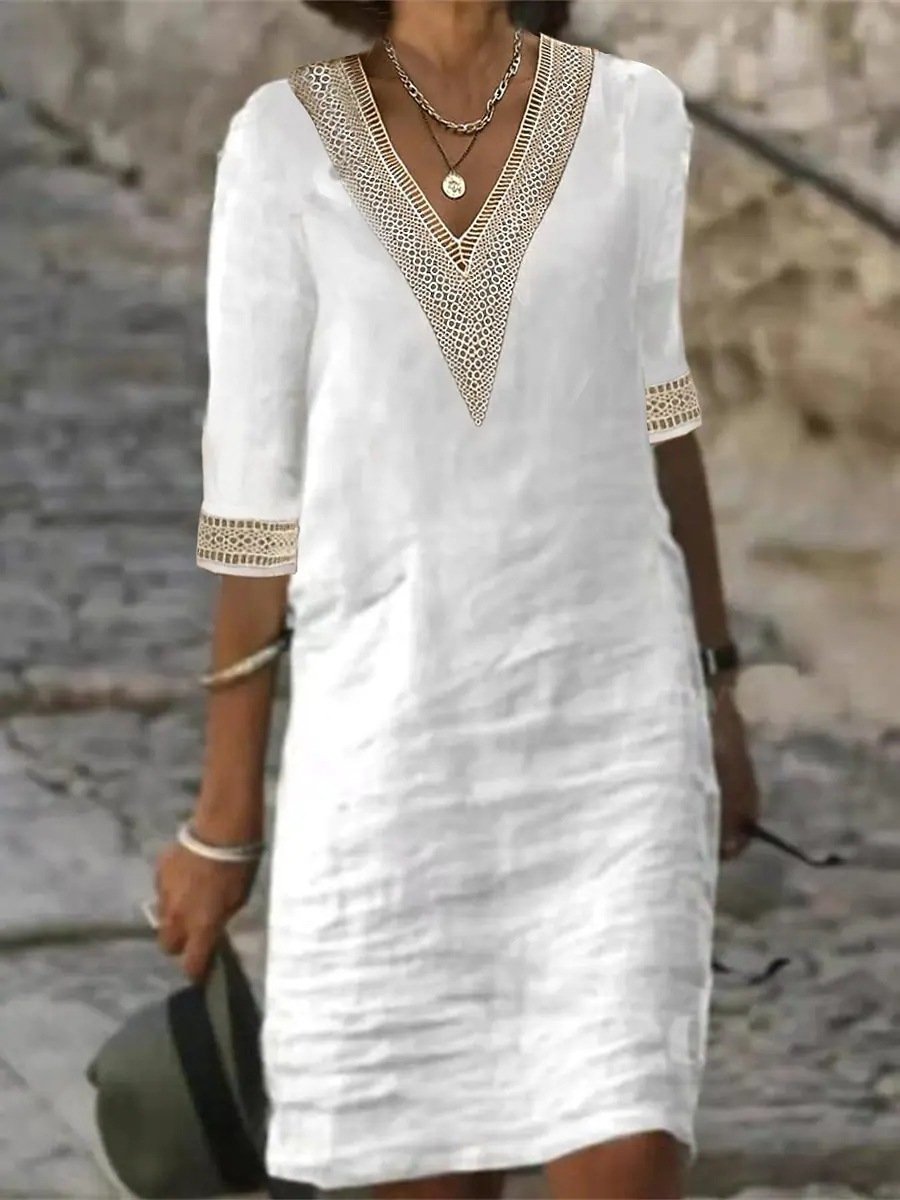 Women's V-Neck Dress with Three-Quarter Sleeves