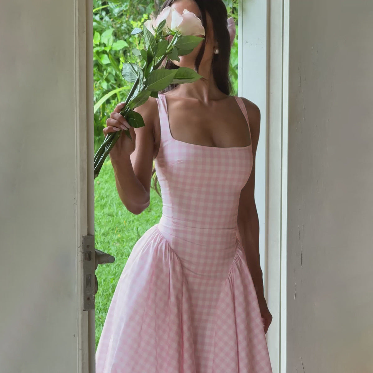 Women's Checked Pattern Midi Dress