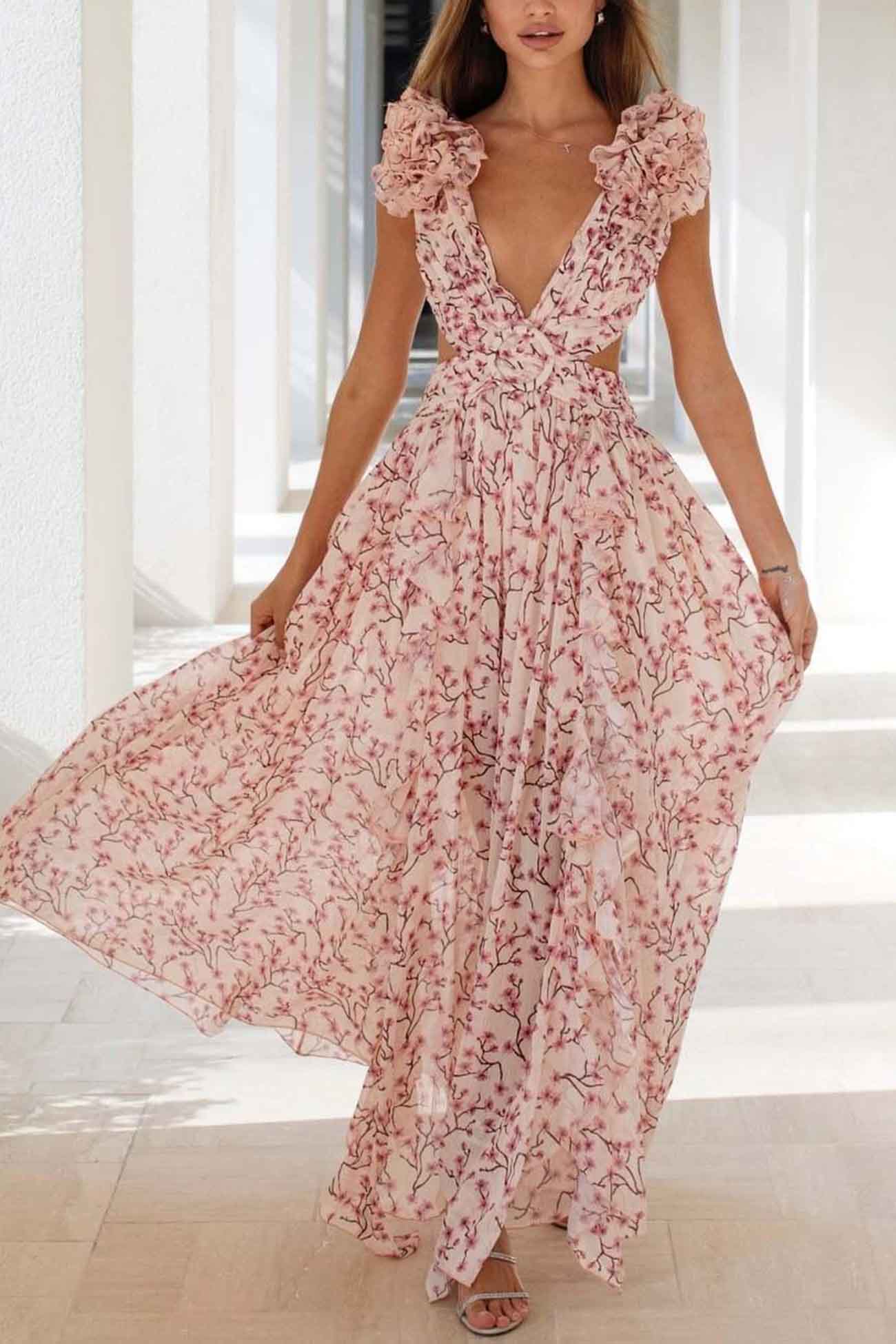Women's Maxi Dress with Ruffled Sleeves