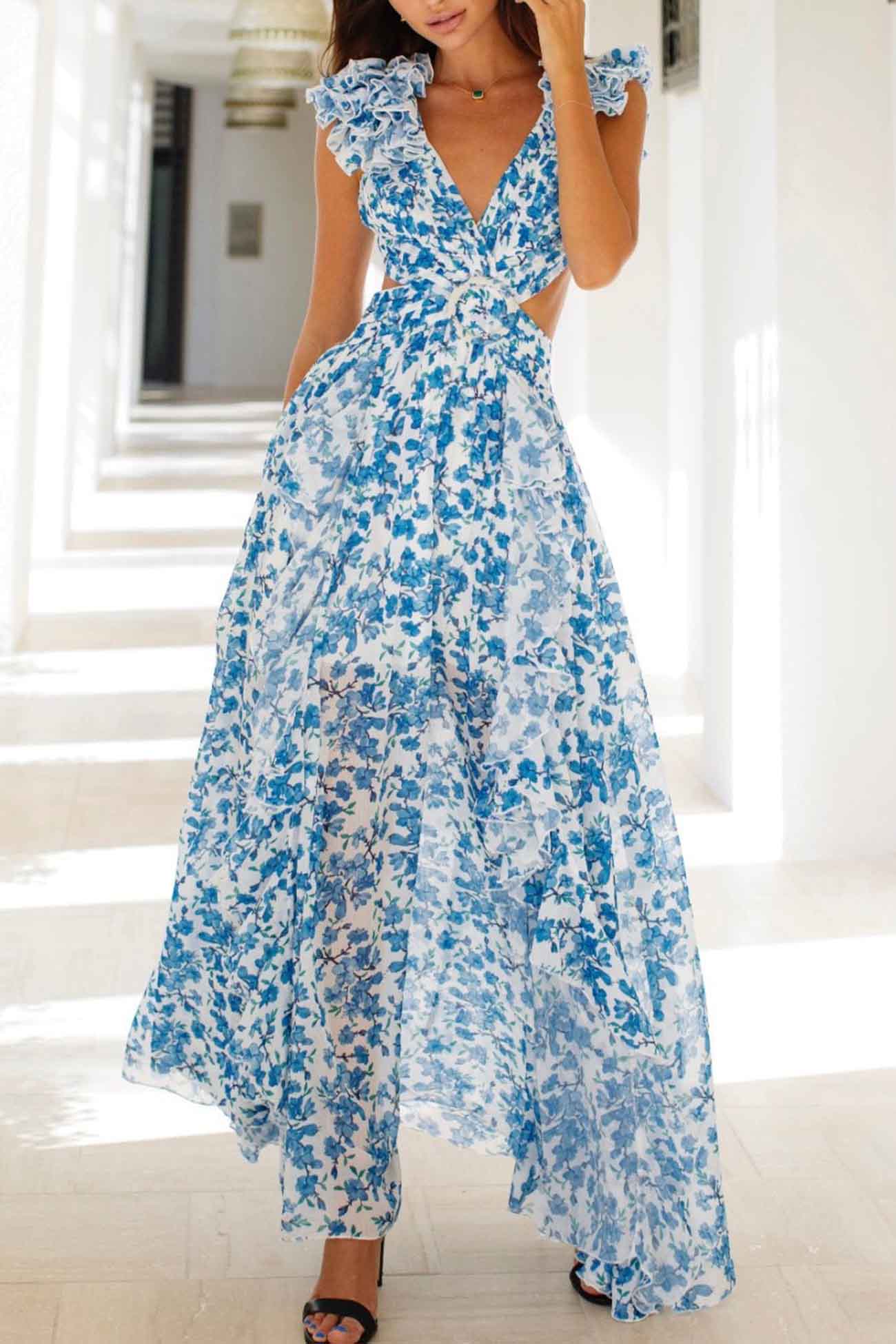 Women's Maxi Dress with Ruffled Sleeves
