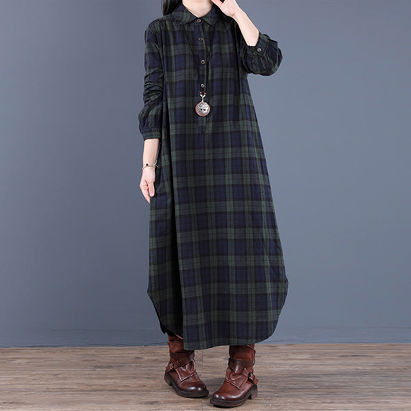 Women's Long-Sleeve Dress with Plaid Pattern