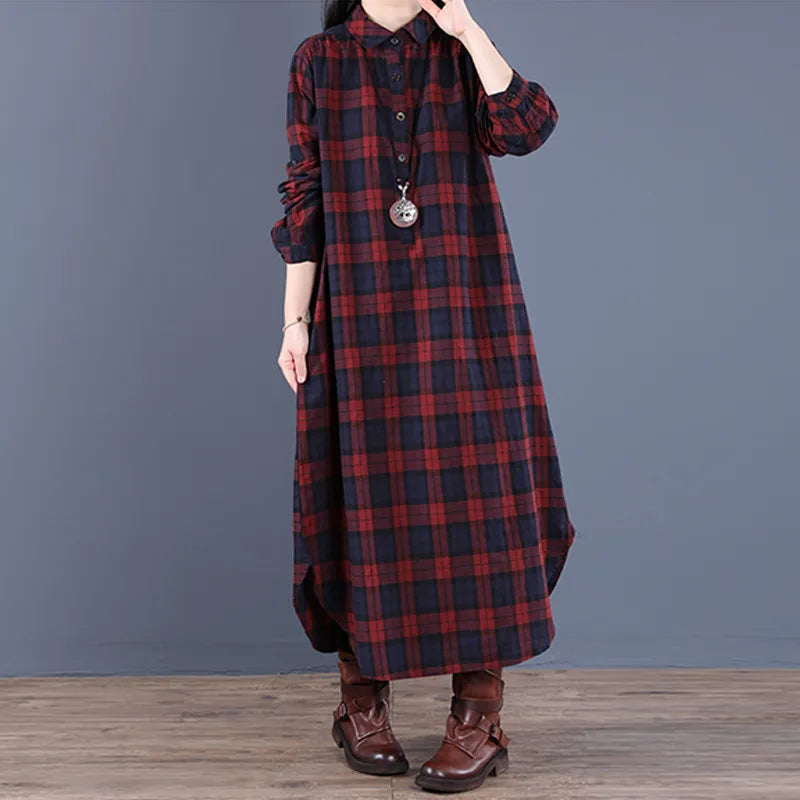 Women's Long-Sleeve Dress with Plaid Pattern