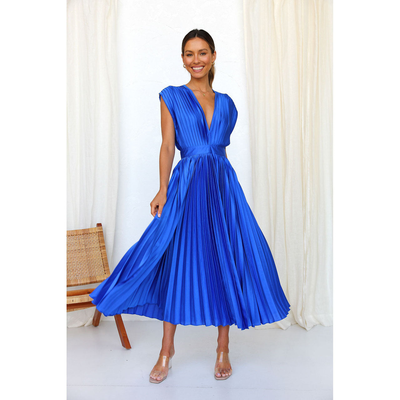 Women's Pleated Maxi Dress with V-Neck