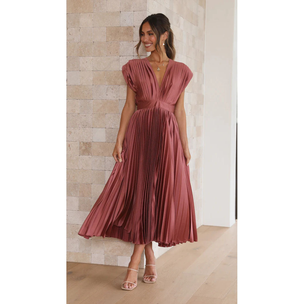 Women's Pleated Maxi Dress with V-Neck