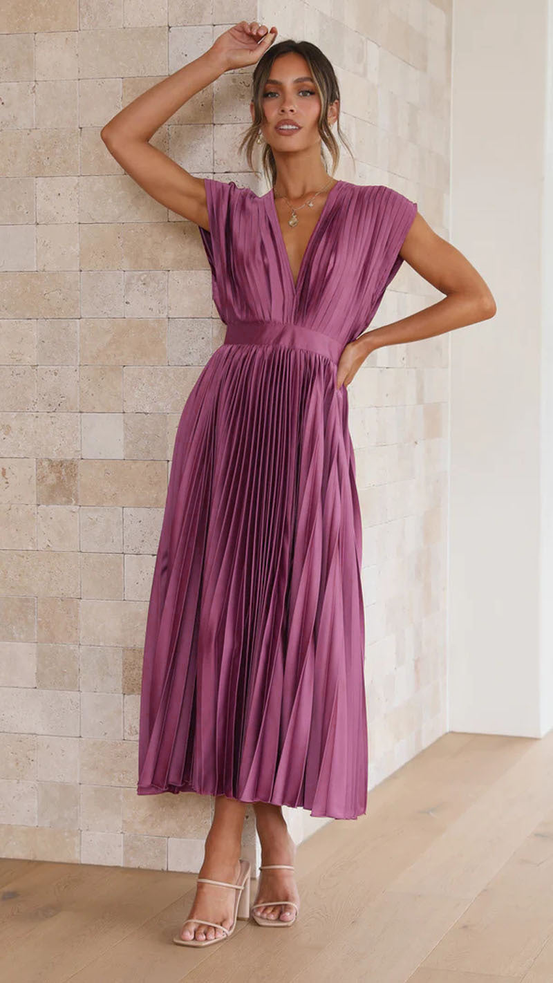 Women's Pleated Maxi Dress with V-Neck