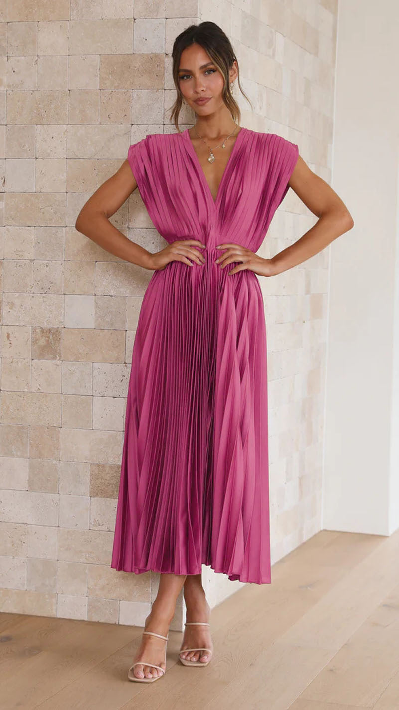 Women's Pleated Maxi Dress with V-Neck